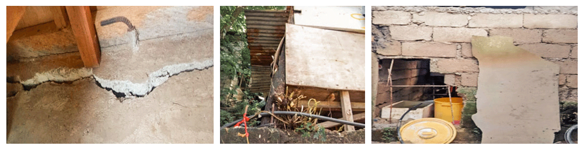 Three images of broken pavement and houses damaged from the earthquake in the Philippines
